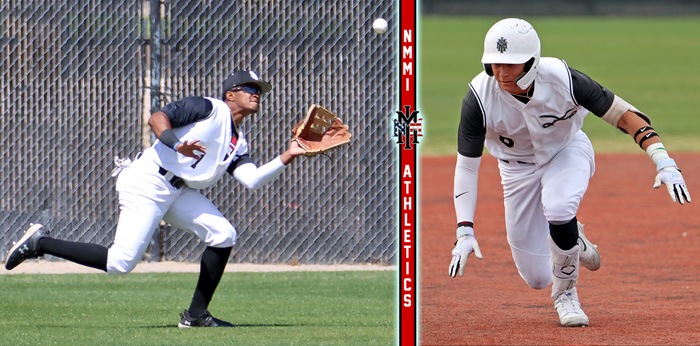 Left: NMMI's Bernie Socarras runs down a fly ball in leftfield. Right: Daniel Lizarraga slides in safe with a triple in Game 2. (NMMI Sports Press photos)