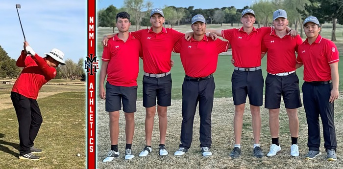 Left: "Putter" Viboonviriyasakul tees off at Ranchland Hills GC in Midland, TX. Right: The Bronco Golf team at the Tanklogix/Tall City golf tourney in Midland. (NMMI Sports Press photos)